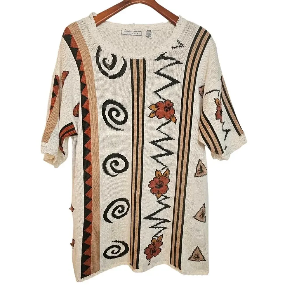Maggie Lawrence Vintage Ivory White Short SleeveCardigan Sweater w/ Beading